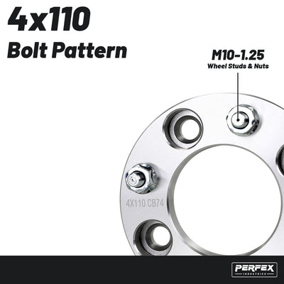PERFEX 4x110 aluminum ATV wheel spacers with M10-1.25 thread pitch, compatible with CFMoto, Honda, Suzuki and Yamaha ATVs, precision machined for proper fitment and reliable off-road performance.