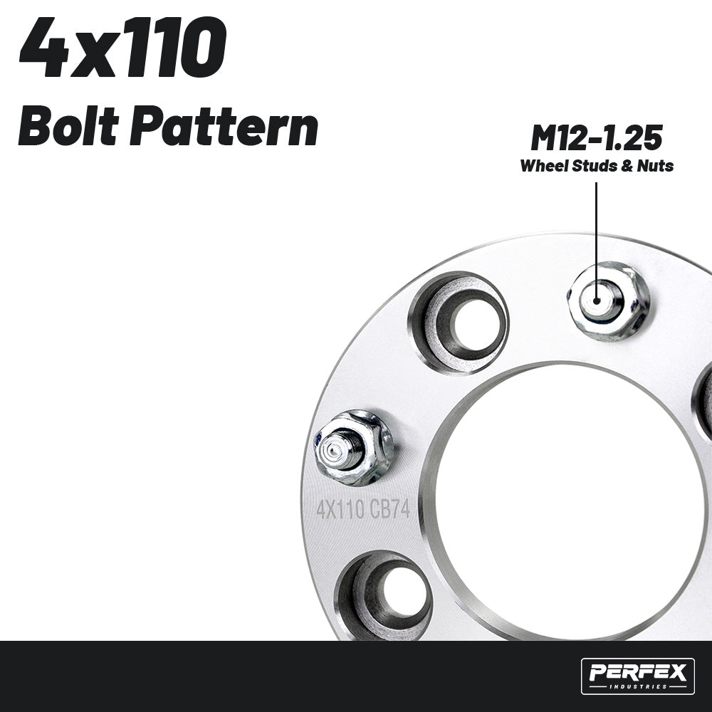 PERFEX 4x110 aluminum UTV wheel spacers with M12-1.25 thread pitch, compatible with CFMoto, Segway and Yamaha UTVs, precision machined for proper fitment and reliable off-road performance.