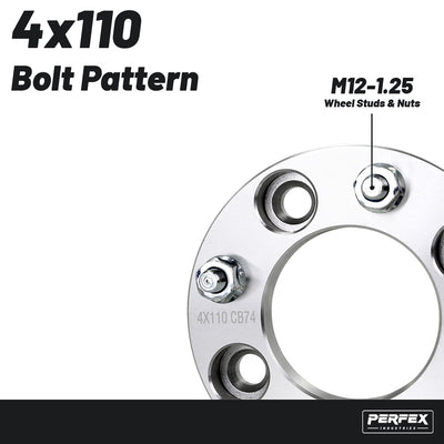 PERFEX 4x110 aluminum UTV wheel spacers with M12-1.25 thread pitch, compatible with CFMoto, Segway and Yamaha UTVs, precision machined for proper fitment and reliable off-road performance.