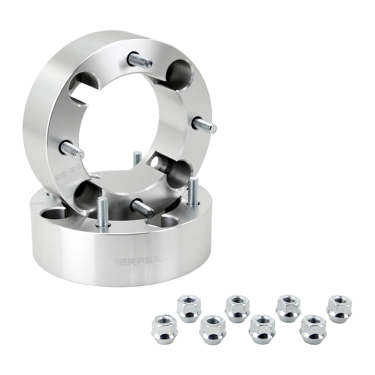 PERFEX aluminum wheel spacers (sold in pairs), 4x136 bolt pattern, 2-inch thick (50.8mm), with included lug nuts. Compatible with all Can-Am ATVs and UTVs (Outlander, Renegade, Commander, Defender, Maverick, Maverick X3), Honda Pioneer and Talon 1000, as well as Kawasaki Teryx 800.
