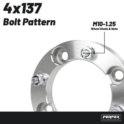 PERFEX 4x137 aluminum ATV wheel spacers with M10-1.25 thread pitch, compatible with Kawasaki Brute Force 650 SRA and Suzuki Twin Peaks 700 models, precision machined for proper fitment and reliable off-road performance.