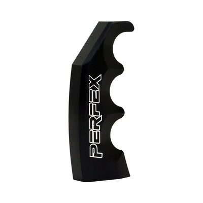 PERFEX custom black billet aluminum shift knob with ergonomic grip.