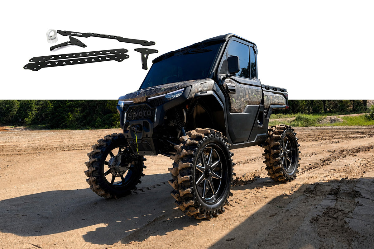 PERFEX suspension lift kit for CFMOTO UForce U10 Pro shown with lifted vehicle for increased ground clearance.