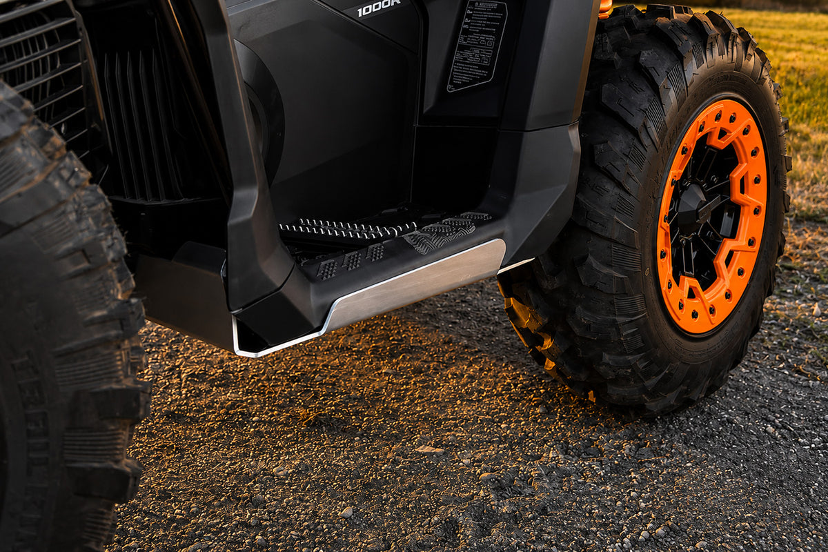 PERFEX 3/16" aluminum footwell skid plate kit installed on a 2025 Can-Am Outlander 1000R XT-P Gen 3.