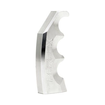 PERFEX custom silver billet aluminum shift knob with ergonomic grip.