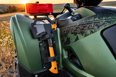 Project Backcountry Modular FenderLink on Yamaha Grizzly 700 left front fender with MOLLE-mounted trail tool.
