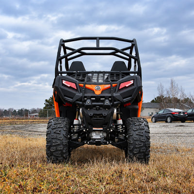 Rear view of a lifted CFMOTO ZForce 500 Trail highlighting its suspension and ground clearance.